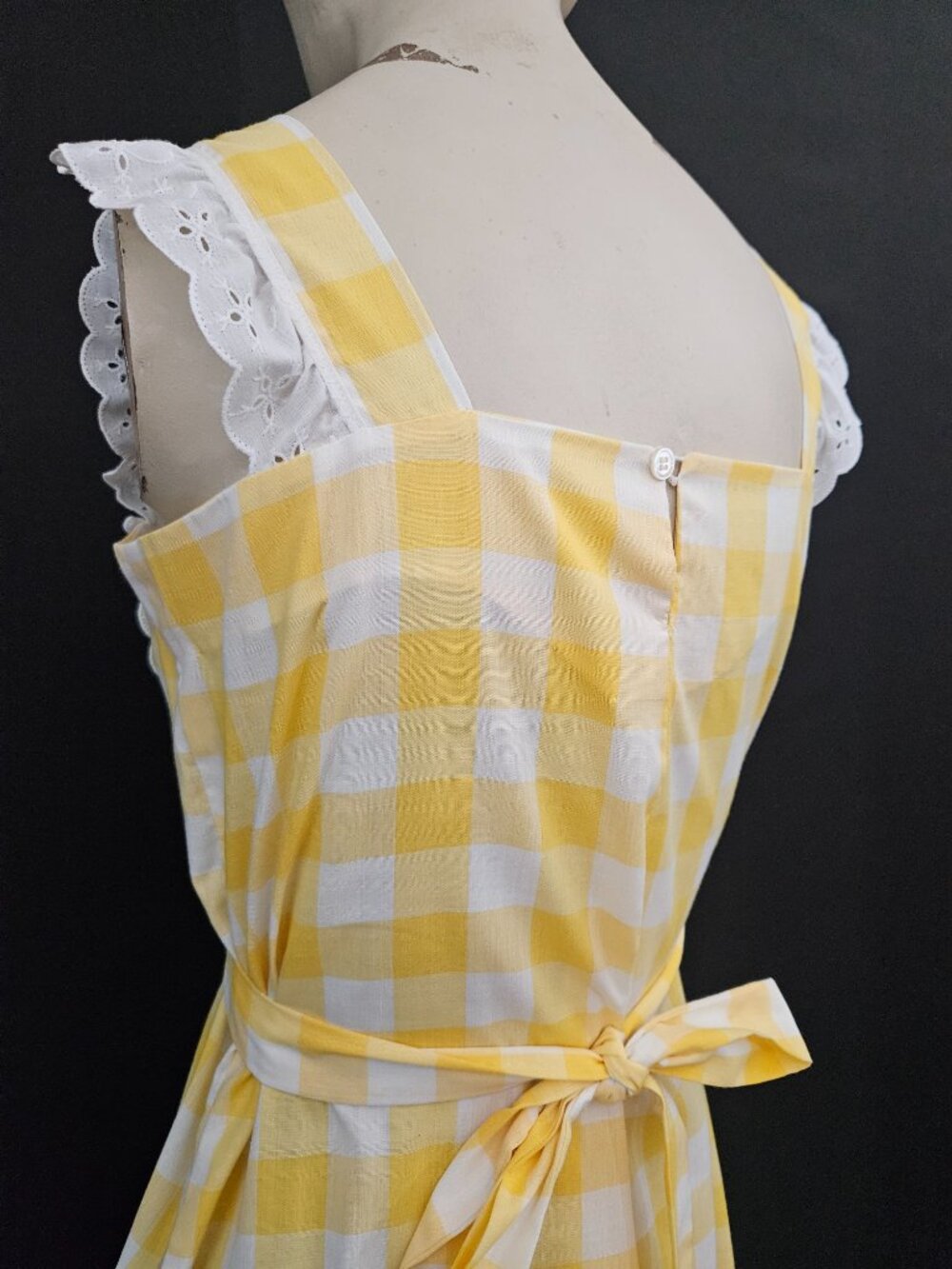 60s/70s Yellow Gingham Ruffled Trim Maxi Dress - Picture 11 of 15